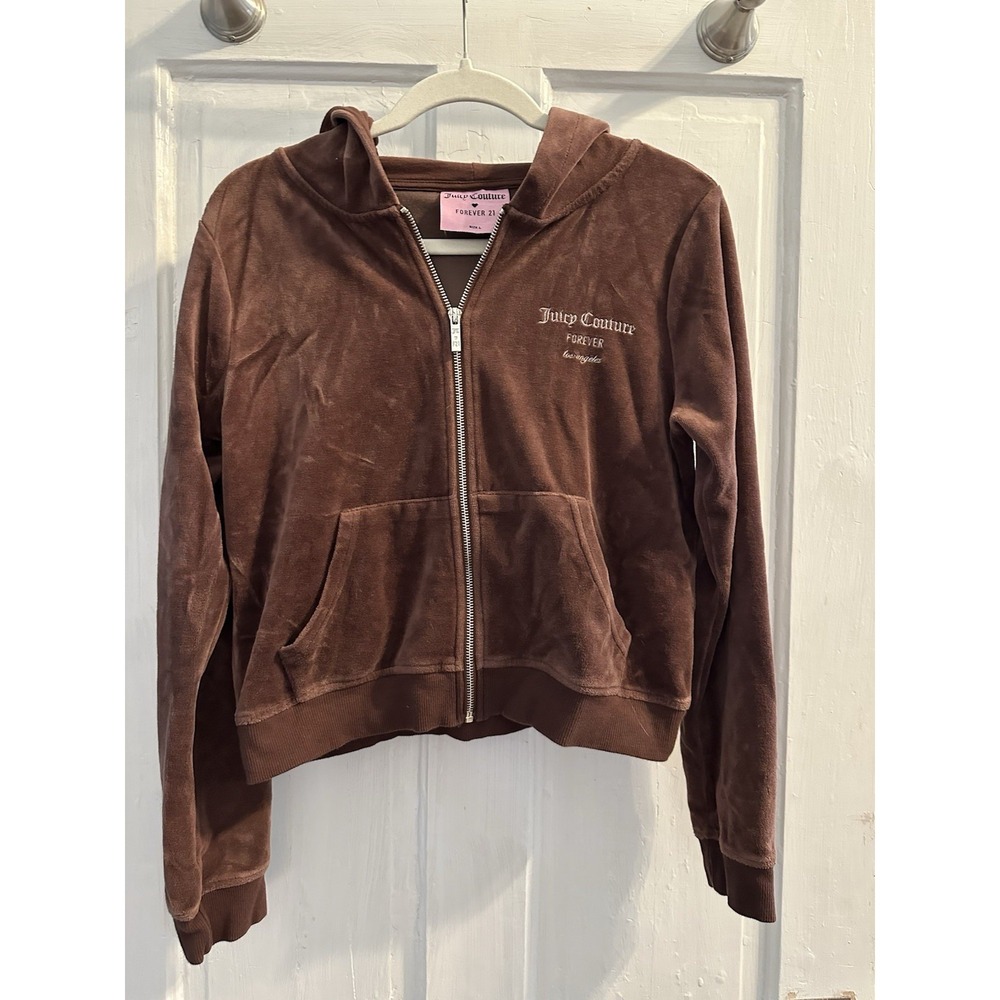 Y2K Juicy Couture Velour Hoodie Zip Up Brown Sequins Logo Crest Women's Size L